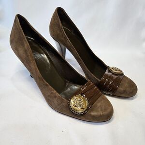 Gucci Womens Hysteria Patent Leather Suede Heel Pumps Size 8 Dapple Gray Brown